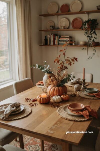 Pumpkin table decor with rustic fall centerpiece and cozy autumn dining table