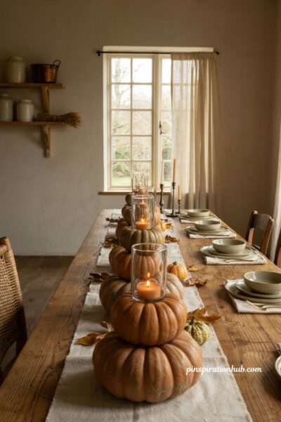 Pumpkin table decor with stacked Cinderella pumpkin hurricane candles