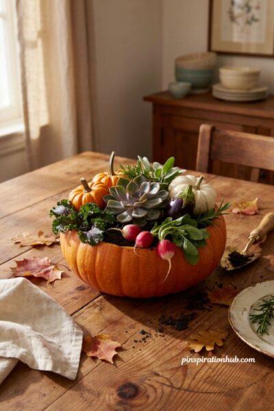 Pumpkin table decor with succulent mini garden vegetables and herbs