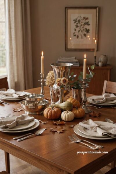 Pumpkin table decor with vintage silver serving pieces and flowers