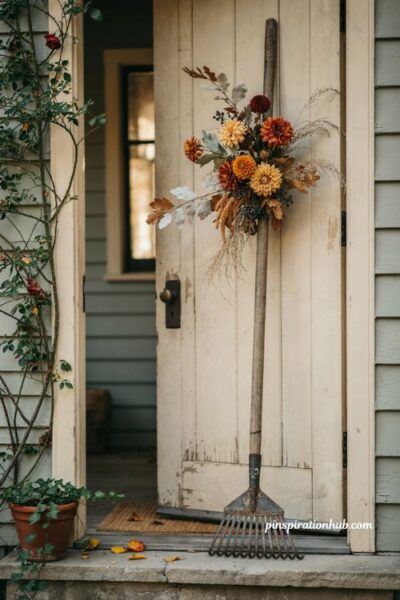 Rake wreath for front door with vintage garden rake fall flowers and autumn leaves