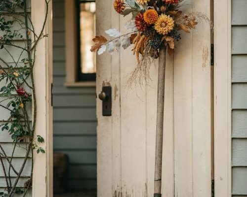 Rake wreath for front door with vintage garden rake fall flowers and autumn leaves