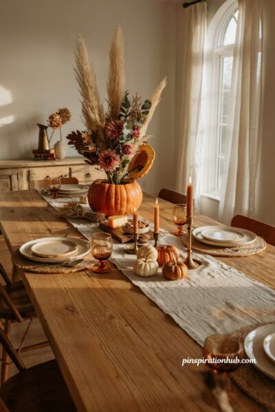 Removable top pumpkin flower centerpiece idea with tall fall stems for farmhouse table decor