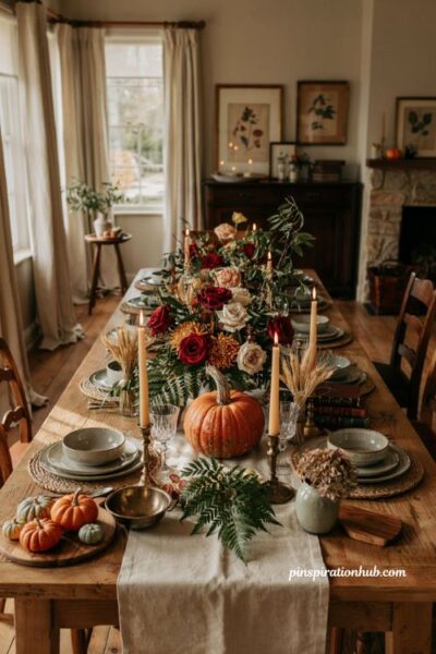 Roses and fern pumpkin flower centerpiece idea for an elegant fall dinner table