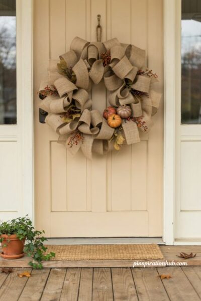 Ruffled burlap farmhouse wreath for front door with pumpkins berries and orange fall accents