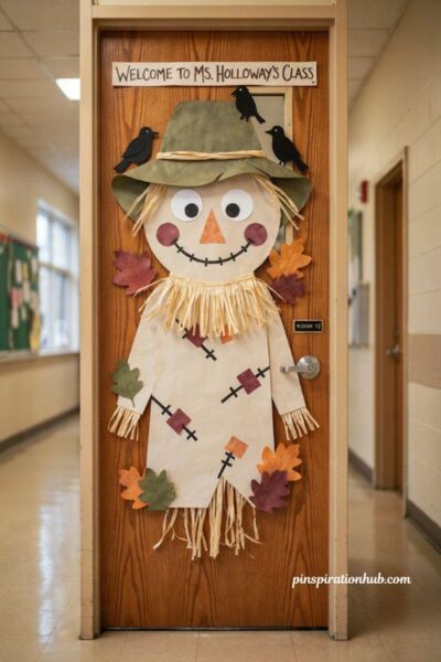 Scarecrow door with paper crows for fall and Halloween classroom decor