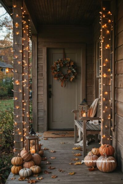 Shot type — vertical 2:3 editorial photograph, straight-on eye-level view of a cozy front porch at early evening, with the autumn wreath and softly glowing front door centered prominently while the surrounding porch remains visible and naturally balanced. Room description — a welcoming fall entry featuring a full dried-leaf and dried-flower wreath mounted on a weathered front door, with a short strand of warm string lights tucked discreetly behind the wreath. The tiny lights shine through natural gaps in the foliage, creating a gentle halo around individual leaves and flowers rather than a harsh illuminated outline. Simple pumpkins and understated porch decor complete the scene, making the entry feel warm and cared for after sunset. Style and era — rustic cottage farmhouse with vintage botanical character, timeless autumn styling, natural dried materials, slightly weathered architecture, and a collected-over-time aesthetic that feels personal rather than commercially decorated. Color palette — muted amber, dried maple orange, faded rust, dusty cream, warm brown, honey gold, weathered wood, soft olive green, and gentle terracotta, with naturally aged tones that feel calm and grounding. Key props and details — a handcrafted dried-flower and autumn leaf wreath with visible stems, seed pods, small dried blossoms, and textured foliage, a short strand of tiny warm-white lights hidden behind the wreath, a weathered wooden front door, subtle pumpkins near the threshold, a natural woven doormat, a rustic lantern, dried leaves scattered across the porch floor, aged wood grain, and imperfect organic textures that make the decoration feel handmade and thoughtfully collected. Lighting — soft blue-hour ambient light surrounding the porch while the hidden string lights provide a delicate warm glow from behind the wreath, individual points of light visible naturally through gaps in the foliage, subtle warm illumination touching the door surface and nearby pumpkins, balanced exposure with crisp visibility across the entire scene. Mood and atmosphere — soft autumn colors that instantly make the entrance feel warmer, old botanical and wood textures that add depth, and one simple hidden lighting detail that creates lasting charm; evoke the peaceful moment when daylight fades but the front door still feels alive with a quiet golden glow, nostalgic, welcoming, gentle, and comforting rather than flashy. Technical tail — no people, no text, no watermarks, no blur, no bokeh, all surfaces in sharp focus, photorealistic, 4K resolution, editorial interior photography, Pinterest-worthy