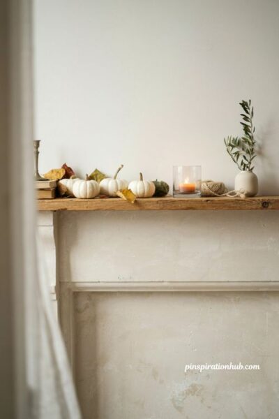 Simple fall mantel decor with white pumpkins and autumn leaves