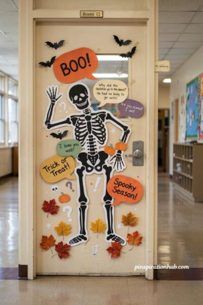Skeleton joke door with funny Halloween classroom decorations