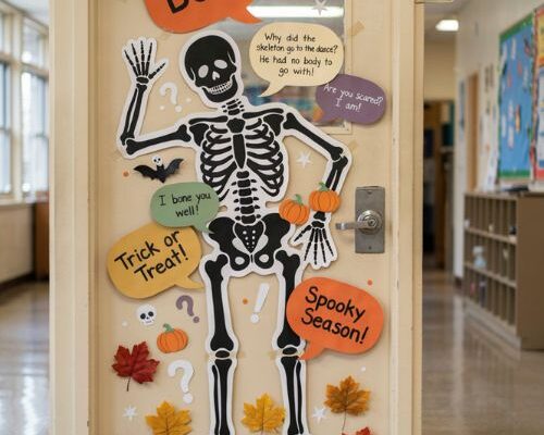 Skeleton joke door with funny Halloween classroom decorations