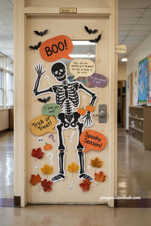 Skeleton joke door with funny Halloween classroom decorations