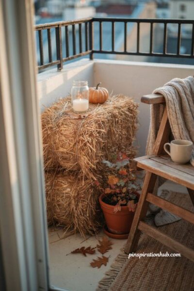 Small hay bale with candle for fall balcony, rustic harvest decor with mason jar candle, mini pumpkin, autumn plant, teak chair, and cozy natural textures
