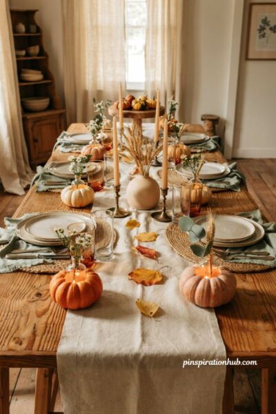 Small pumpkin flower place setting idea with mini fall arrangements for a cozy table