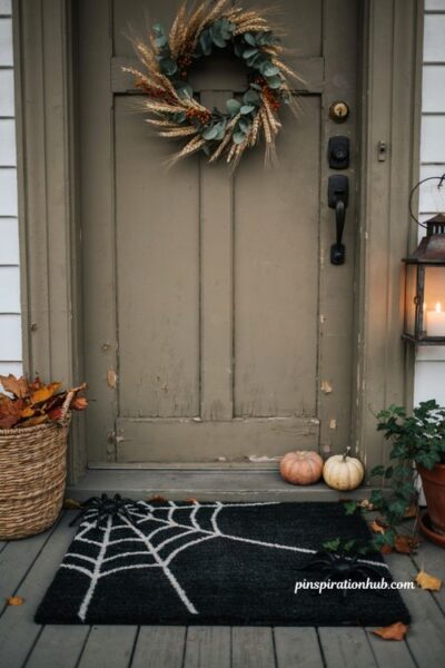 Spiderweb doormat with diy Halloween front door decor