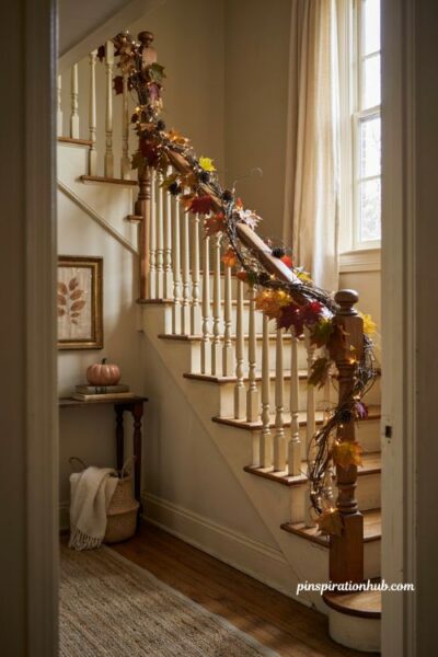 Staircase railing garland fall decor ideas with twinkle lights