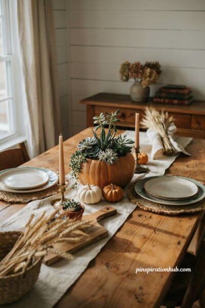 Succulent filled pumpkin centerpiece idea for a cozy farmhouse fall table decor