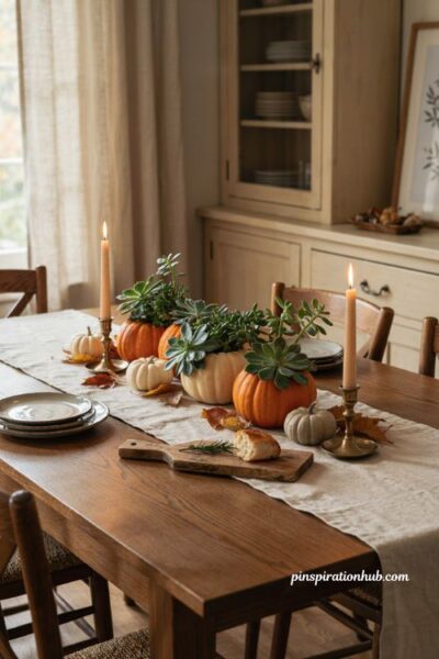 Succulent pumpkin planters for a charming Halloween table centerpiece