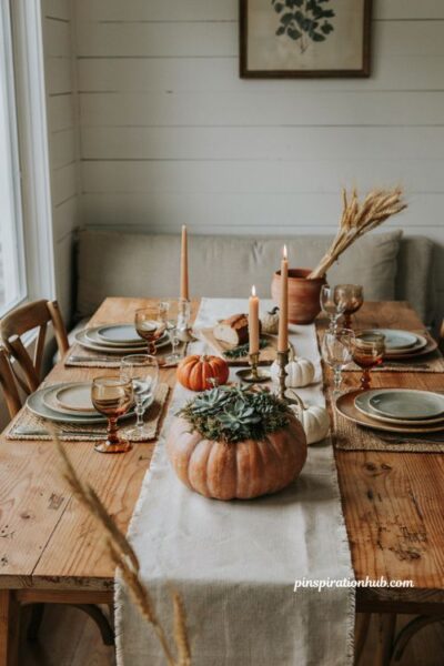 Succulent topped pumpkin planter centerpiece idea for a natural fall dining table decor