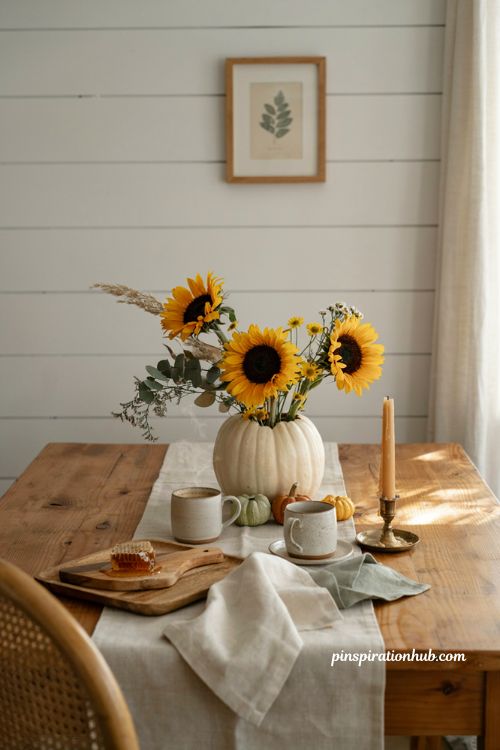 Sunflower and white pumpkin flower centerpiece idea for a cozy fall breakfast table