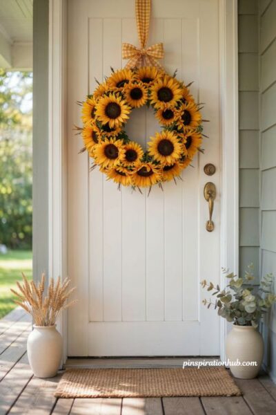 Sunflower wreath for front door with golden flowers and yellow gingham fall ribbon