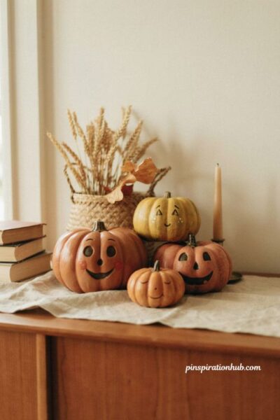 Sweet vintage Halloween pumpkins with smiling faces