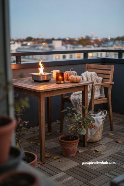 Tabletop fire pit for a cozy fall balcony, small outdoor fire pit with teak chair, chunky knit throw, pumpkins, autumn plants, and warm evening ambiance