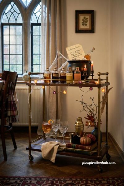 Themed Halloween bar cart with potion bottles cauldron skull glasses and glowing seasonal lights