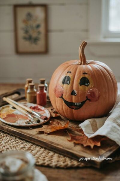 This works well for a **vintage pumpkin craft** section. The strongest visual direction is the muted base color and intentionally imperfect hand-painted facial details.
