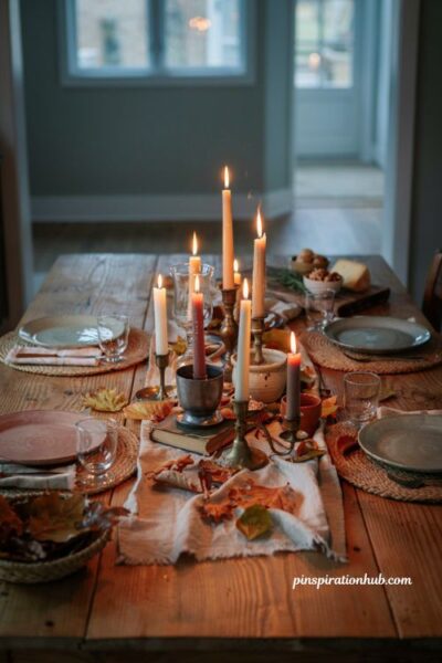 Thrifted candle cluster diy fall centerpiece for a cozy farmhouse dining table