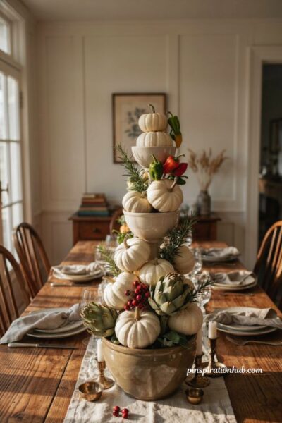 Tiered white pumpkin topiary table decor with artichokes herbs and berries