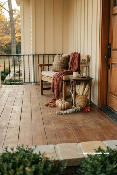 **Title** Cozy fall porch seating with bench plaid throw and autumn decor
