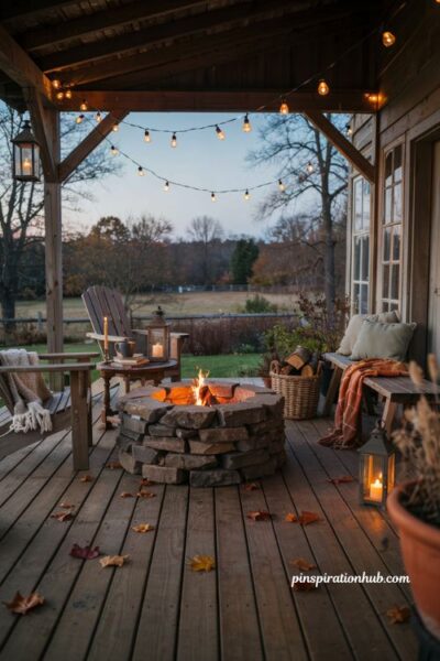 **Title: Fall porch lighting around a cozy fire pit** ### Prompt Vertical 2:3 editorial outdoor interior photography, eye-level three-quarter view of a welcoming covered patio gathering area centered around a rustic stone fire pit, arranged for a quiet fall evening with comfortable seating facing the fire and warm string lights stretched naturally overhead, several simple lanterns positioned at seating height beside chairs and on low wooden surfaces, cozy layered lighting designed to make the outdoor space feel usable and inviting after sunset, timeless rustic farmhouse style with subtle modern comfort and an authentic lived-in character, warm palette of amber, burnt orange, deep brown, weathered wood, muted cream, charcoal stone, and soft autumn foliage tones, worn wood furniture, woven throws draped casually over chairs, ceramic mugs resting on a small side table, a simple basket of firewood, textured stone around the fire pit, understated fallen maple leaves, aged metal lanterns, and imperfect natural materials that feel collected gradually over time, soft twilight transitioning into warm evening light with the fire casting a gentle amber glow while overhead string lights create an even welcoming illumination across the seating area, lanterns adding intimate pools of practical light without overpowering the fire, soft colors that make the space instantly feel calmer and warmer, old textures adding depth and seasonal character, simple layered lighting creating the lasting charm of an outdoor room meant for lingering with a warm drink, peaceful nostalgic atmosphere that captures the feeling of staying outside a little longer after sunset instead of retreating indoors, every corner, furniture surface, fire pit texture, lantern, and surrounding detail clearly visible and naturally sharp, no people, no text, no watermarks, no blur, no bokeh, all surfaces in sharp focus, photorealistic, 4K resolution, editorial interior photography, Pinterest-worthy ### Image title Fall porch lighting around a cozy fire pit gathering area