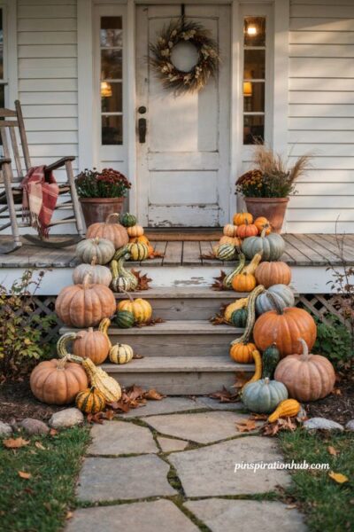 **Title** Pumpkin pile fall porch decor with heirloom pumpkins and cozy autumn entryway