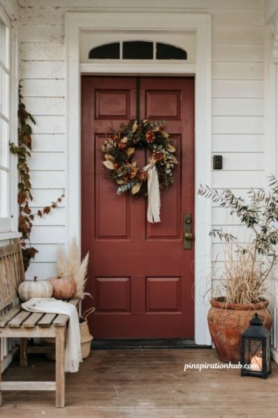 **Title** Statement fall wreath on front door with cozy autumn porch decor