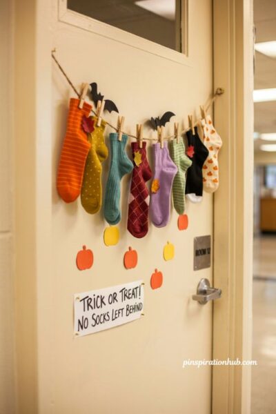 Trick or treat sock door for funny Halloween classroom decorations