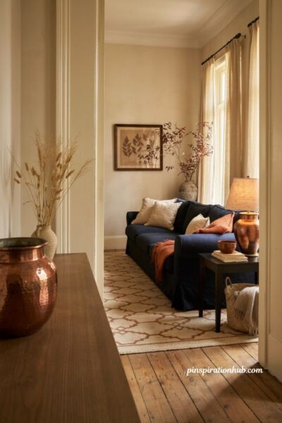 Unexpected fall decor with navy copper cream and burnt orange in a cozy living room