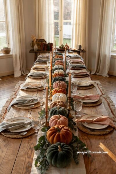 Velvet pumpkin and eucalyptus table runner idea for elegant fall dining decor