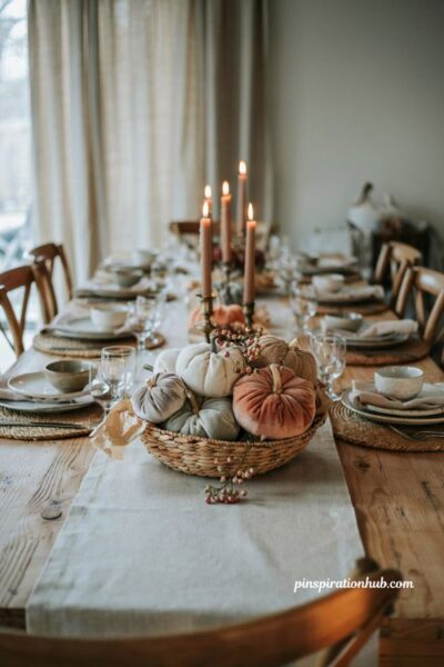 Velvet pumpkin centerpiece with rustic basket and pip berries for elegant fall table decor