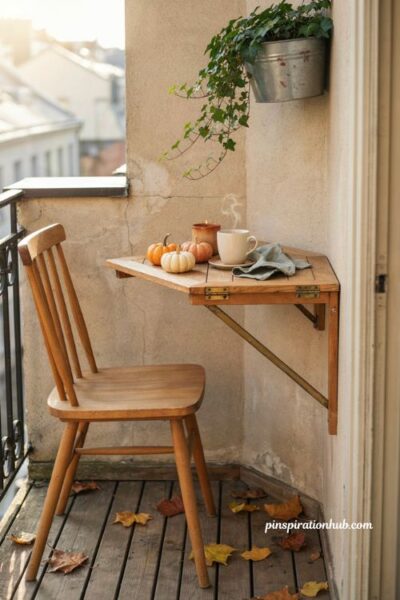 Wall mounted fold down table for fall balcony, small space autumn decor with wooden folding table, pumpkins, coffee mug, candle, teak chair, and cozy natural textures