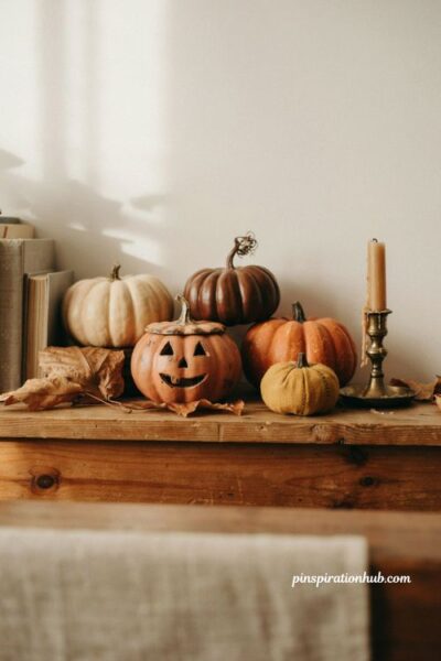 Warm muted vintage pumpkin decor in dusty orange and cream