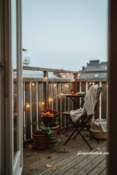 Warm string lights woven through a balcony railing, cozy fall balcony decor with glowing amber lights, teak bistro set, chunky knit throw, autumn plants, and rustic textures