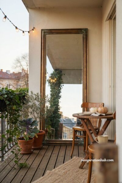 Weather resistant mirror for fall balcony, small balcony decor with aged bronze mirror, teak bistro set, string lights, autumn plants, terracotta pots, and cozy rustic styling