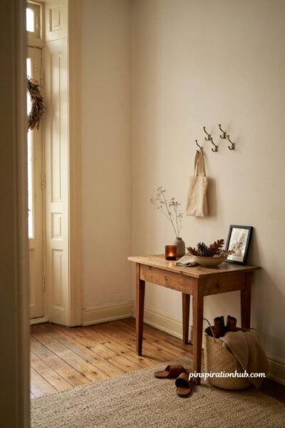 Welcoming fall entryway with autumn wreath candle natural decor and cozy textured rug