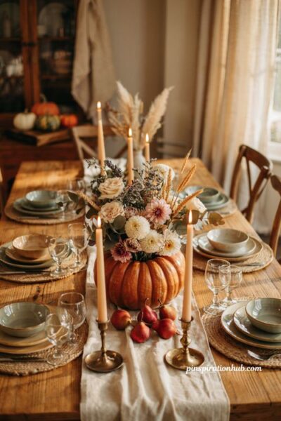 Wheat and pear pumpkin flower centerpiece idea for a cozy Thanksgiving table decor