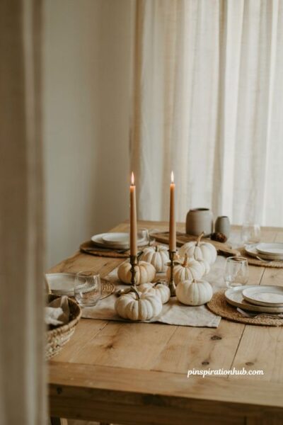White and neutral pumpkin centerpiece cluster for elegant minimalist fall table decor