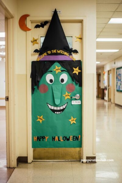 Wicked witch classroom door with student name Halloween decorations