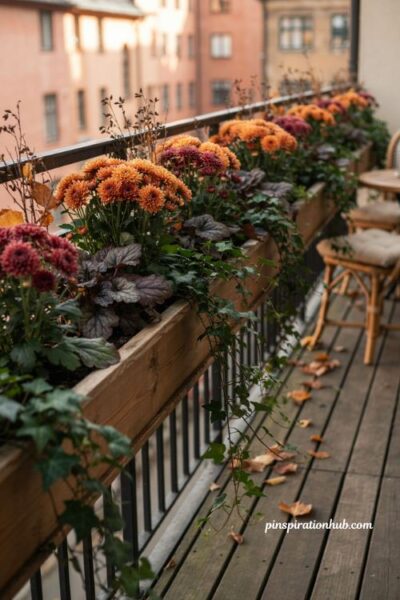 Window box planters along a fall balcony edge, layered mums heuchera and trailing ivy, cozy autumn railing decor with burgundy flowers, rustic planters, and lush seasonal greenery