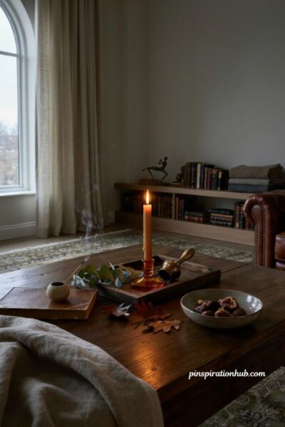 amber incense fall candle with moody woods and cozy evening living room decor