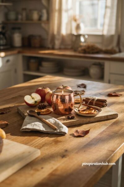 copper mug fall candle with spiced cider scent and cozy farmhouse kitchen decor