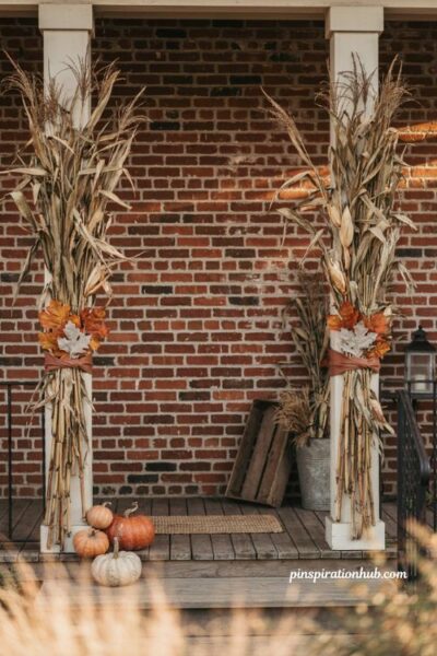 cornstalk wrapped porch posts fall outdoor decor farmhouse